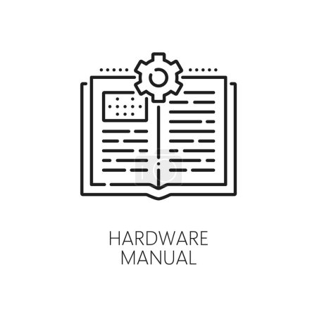 Illustration for Hardware manual icon for computer PC instruction guide book, vector line symbol. PC or laptop system FAQ and manual booklet icon of page with cogwheel for computer hardware technical information - Royalty Free Image