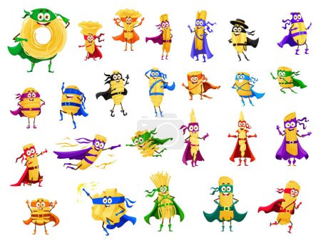 Illustration for Cartoon italian pasta food superhero characters in super hero costumes, capes and masks. Cute macaroni defenders vector personages, funny gnocchi, capellini, vermicelli, radiatore and pappardelle - Royalty Free Image