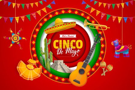 Illustration for Cinco de Mayo paper cut banner for Mexican holiday with sombrero and guitar, vector background. Aztec pyramid, maracas and pinata with mariachi trumpet and national costume for Cinco de Mayo fiesta - Royalty Free Image