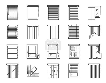 Illustration for Window blind, curtain and jalousie icons. Apartment, house or office window covering, wooden and bamboo horizontal shades, fabric curtains and motorized jalousie with remote control outline icons set - Royalty Free Image