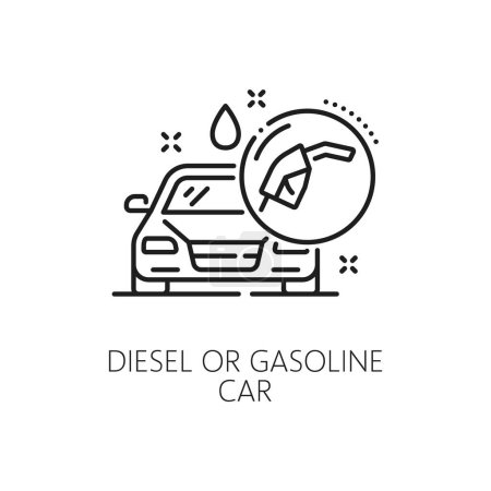 Coche diesel o gasolina icono de la línea, concesionario y distribuidor de automóviles símbolo de vector central. Icono de contorno de vehículo de combustible diesel o gasolina para gasolinera, salón de automóviles o servicio de compra y venta de vehículos