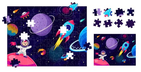 Illustration for Jigsaw puzzle game pieces. Cartoon galaxy space landscape, rocket and astronaut. Vector educational worksheet for preschool children with funny baby astronaut in cosmos and fell out picture parts - Royalty Free Image