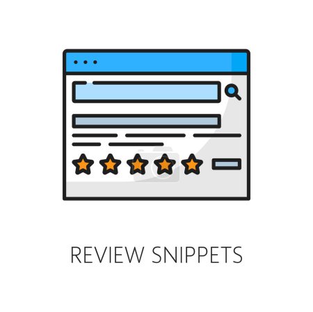 Review snippets. Serp icon. Search engine result page. Isolated vector linear sign, indicating the presence of summarized customer reviews, providing a quick overview of product or service feedback
