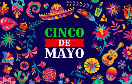 Illustration for Cinco de Mayo mexican holiday banner with tropical flowers, guitar and sombrero vector background frame. Fiesta party or music carnival flyer with bright latin ethnic ornament frame border lines - Royalty Free Image