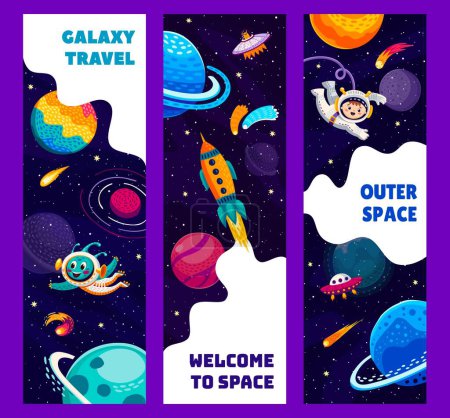 Illustration for Galaxy space banners with kid astronaut, space planets, stars and alien UFO, vector background. Cartoon outer space with rocket and alien Martian, fantasy planets and asteroids in starry galactic sky - Royalty Free Image