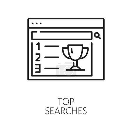 Top searches. CDN. Content delivery network icon, web media or file search engine, blog or Internet portal content, CDN thin line vector pictogram or icon with web page, search result winner prize