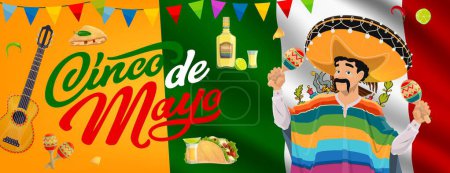 Téléchargez les illustrations : Bannière mexicaine Cinco de Mayo avec personnage de musicien, drapeau mexicain et guitare, fond vectoriel. 5 mai bannière de vacances avec cuisine nationale mexicaine, homme en sombrero et pocho avec maracas - en licence libre de droit