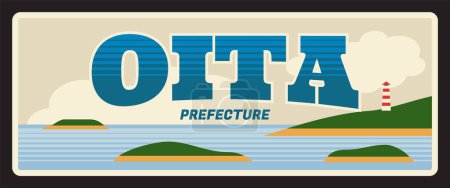 Illustration for Oita Japan prefecture retro travel plate, vintage tin sign. Japanese region plaque or sticker with lighthouse on coast. Asian vacation souvenir, travel destination sign. Kyushu region - Royalty Free Image