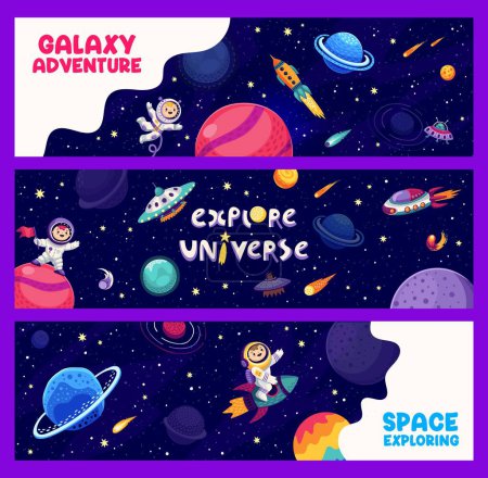 Illustration for Kid astronauts banners. Space adventure, astronomy research or galaxy discovery cartoon vector background. Cosmos travel posters or banners with child cosmonaut character, rockets and space planets - Royalty Free Image