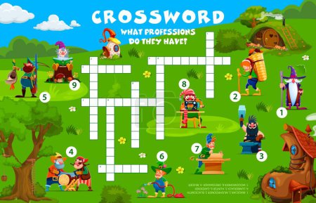 Crossword quiz game grid with cartoon garden gnome and dwarf characters in fairytale village, vector worksheet. Kids crossword game to guess profession words of fairy gnome farmers and village workers