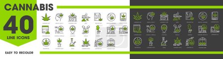 Medical cannabis line icons, cbd and marijuana, weed extract symbols set. Vector leaves, seeds and plant, pills, oil, and farm, store building, prescription, bong and book. Hemp products, joint, buds