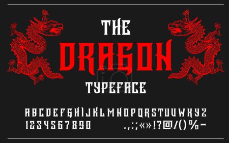 Illustration for Asian medieval font, Japanese or Chinese type, fantasy typeface, oriental alphabet. Vector ancient style abc characters. mystery dragon typography, red and white uppercase letters, numbers and signs - Royalty Free Image