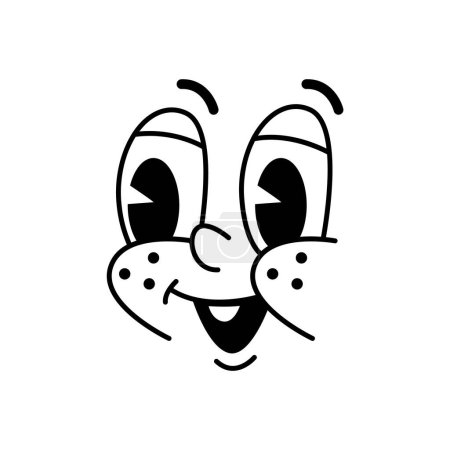 Ilustración de Cara de dibujos animados Groovie con divertida emoción cómica de ojos y boca, sonrisa retro vector. Emoción feliz o carácter emoticono en línea retro doddle o cara groovy con mirada sonriente wow y ojos de gafas - Imagen libre de derechos