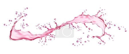 Illustration for Realistic pink water swirl splash with splatters, juice or wine long wave flow, isolated vector. Transparent pink water explosion in long wave spill or pour for fruit juice drink or sweet berry syrup - Royalty Free Image