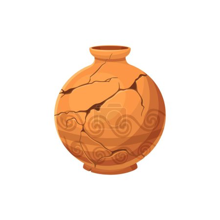 Illustration for Ancient broken vase, ceramic cracked pot or jug and antique pottery, vector bowl. Old clay vase with cracks, Roman or Greek and archeological earthenware with antique ornament on cracked pot pieces - Royalty Free Image