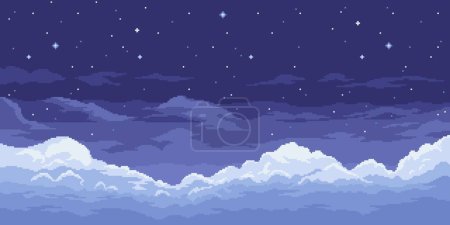 Illustration for 8bit pixel art night sky background, game space landscape features a dark blue canvas with scattered stars, creating a nostalgic, retro atmosphere. Vector parallax 2d heavenly gui location, wallpaper - Royalty Free Image