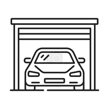 Parking pour véhicules et icône de ligne de service de garage. Symbole de contour de zone de service de garage de véhicule, place de parc automobile ou pictogramme vectoriel de contour de parking public avec voiture garée à l'intérieur du garage