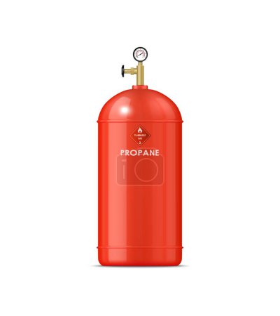 Realistische Propangasflasche aus Metall. Isolierter roter, stabiler zylindrischer Tank mit Brennstoff zum Kochen oder Heizen, Manometer und Sicherheitsventil für kontrollierten Gebrauch