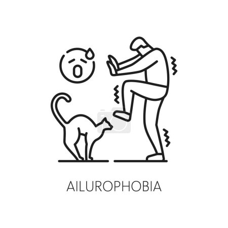 Illustration for Human ailurophobia phobia icon, mental health. Fear of cats problem, People psychology or mental disorder linear vector pictogram, thin line symbol or sign with mans cared of cat - Royalty Free Image