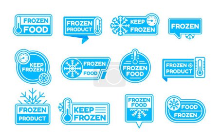 Frozen logo icons, cold product label and badge. Isolated vector set of blue stickers, feature snowflakes or frost and thermometer symbols. Elements for packages or frosty food preservation items