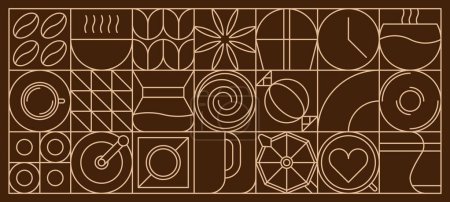 Téléchargez les illustrations : Café abstrait motif géométrique ligne moderne ou carreau de mosaïque, fond vectoriel. Tasse à café et moka pot avec cappuccino et espresso, grains de café et bonbons au chocolat dans un motif linéaire géométrique - en licence libre de droit