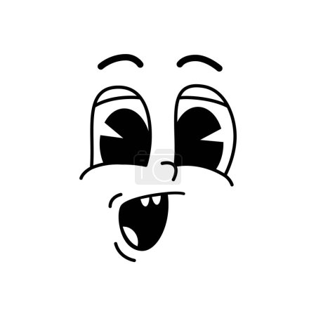 Ilustración de Cara de dibujos animados o sonrisa groovie cómico con los ojos y la boca, vector divertido lindo personaje. emoji o emoticono retro groovy con expresión facial, emoción de sorpresa wow o sorprendido con la boca abierta y los dientes - Imagen libre de derechos