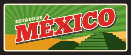 Illustration for Estado de Mexico state retro mexican travel plate. Mexico federal entities sign with Mesoamerican pyramid. North America journey metal sign, destination plate, memory signboard design - Royalty Free Image
