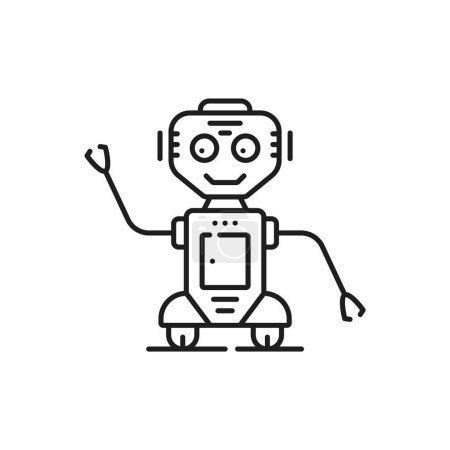 Illustration for Cute robot character line and outline icon. Autopilot artificial intelligence robot, alien cyborg vintage droid or robotic technology humanoid bot vector icon. Virtual assistant, AI chatbot symbol - Royalty Free Image