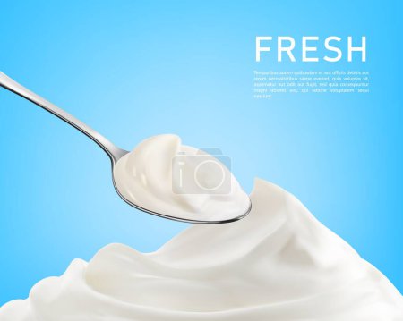 Ilustración de Salpicadura de crema fresca realista, publicidad griega del producto lácteo del yogur. Vector remolino aterciopelado de yogur en una cuchara evocan una textura deliciosa, prometiendo una experiencia rica e indulgente con deleite cremoso - Imagen libre de derechos