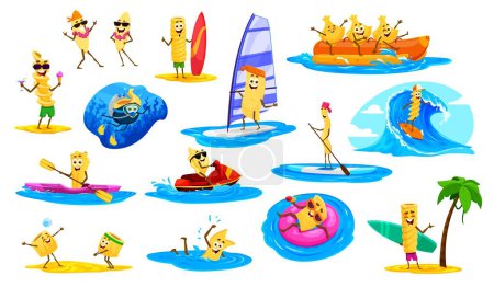 Dibujos animados personajes de pasta alegre en vacaciones de playa de verano y deportes. Ditalini, fusilli, orecchiette, quadretti y fagottini. Tagliatelle y tortiglioni, bucatini y eliche, lasaña