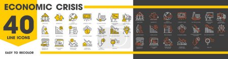 Illustration for Economic crisis and money loss line icons, downturn and bankruptcy outline symbols vector set. Factory closure, decreased freight traffic or analysis. Unemployment, depreciation and decline investment - Royalty Free Image