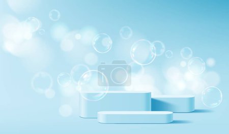 Illustration for Realistic blue podium stage with soap bubbles. Realistic 3d vector background with rounded rectangular platforms and flying soapy spheres. Template for product presentation and exhibition promotions - Royalty Free Image