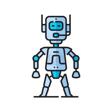 Illustration for Game retro robot, humanoid virtual bot, alien futuristic droid linear color icon. Alien cyborg, humanoid android or chatbot artificial intelligence robot, robotic technology bot line vector pictogram - Royalty Free Image