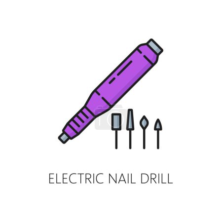 Illustration for Nail manicure service electric drill color line icon. Cosmetics and makeup shop, cosmetology or manicure master tools linear vector pictogram. Woman beauty or spa salon outline sign or icon - Royalty Free Image
