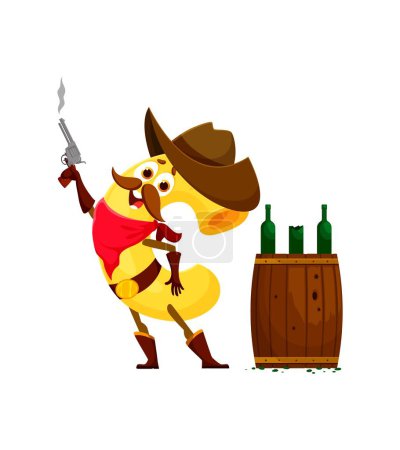 Illustration for Cartoon Italian pasta cowboy or sheriff with rum barrel and revolver gun, vector character. Bandit robber or ranger in cowboy sombrero, cavatappi, macaroni or maccheroni pasta personage for kids - Royalty Free Image