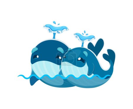 Illustration for Cartoon cute kawaii whale characters. Isolated vector two adorable sperm whale cachalots, their round eyes shimmering with joy, sweet couple, swimming through a sea of happiness together - Royalty Free Image