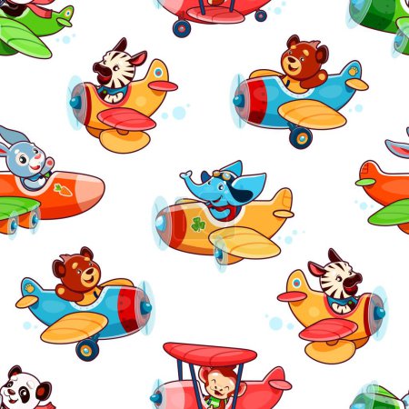 Illustration for Cartoon cute baby animal characters on planes seamless pattern. Kids textile or fabric seamless background, wallpaper vector print with funny zebra, elephant, bear and monkey, rabbit personages - Royalty Free Image