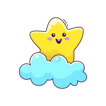 Ilustración de Caricatura lindo personaje estrella kawaii en la nube. Feliz sonriente pequeño personaje del vector de la estrella brillante de pie en la nube azul en el cielo. Alegre superestrella agitando emoticono de dibujos animados, emoji objeto espacial - Imagen libre de derechos