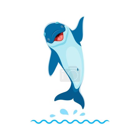 Illustration for Cartoon dolphin character leaps joyfully, waving its fin with a vibrant smile. Vector playful underwater personage, expressive energetic, and charming porpoise embodies a sense of happiness and fun - Royalty Free Image