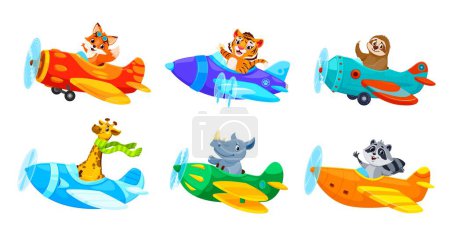 Illustration for Cartoon baby animals on planes, pilot characters, hippo and giraffe, tiger and sloth, vector zoo. Raccoon and fox animals or kids airplane pilots, funny characters aviators flying in propeller planes - Royalty Free Image