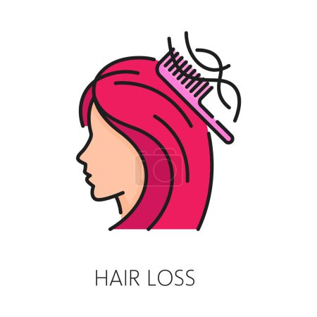 Illustration for Hair loss treatment and care line color icon. Hair health treatment product linear pictogram. Haircare and woman beauty cosmetology, spa salon or bathroom cosmetics thin line vector sign or icon - Royalty Free Image