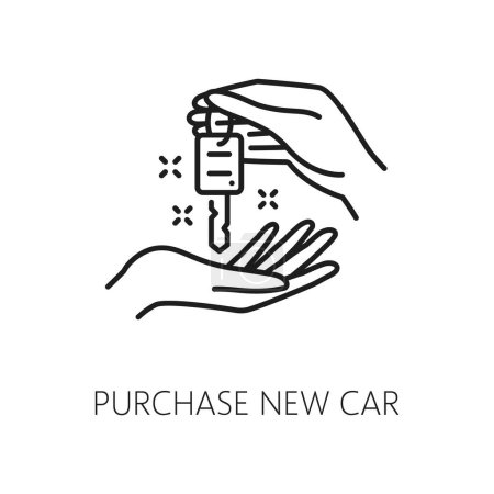 Illustration for Dealership, auto dealer, car company outline icon. Car rental center, automobile lease dealership or auto sale shop thin line vector icon. Used vehicle salon linear symbol with keys in human hands - Royalty Free Image