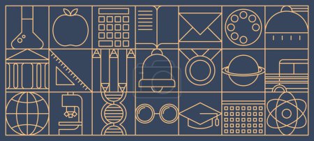 Illustration for Education and science abstract modern line geometric pattern, vector background. School ruler, student university and teacher glasses with calculator and laboratory vial in geometric line pattern - Royalty Free Image