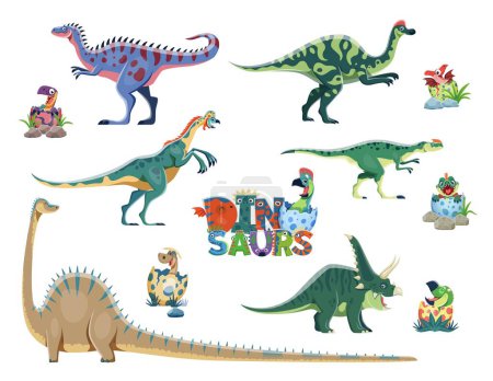 Dinosaur moms and their babies in eggs. Cartoon vector set of mothers avaceratops, lambeosaurus, corythosaurus, spinosaurus and apatosaurus prehistoric reptile animals and little hatching cubs