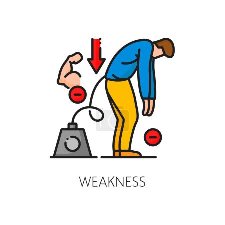 Illustration for Hematology, anemia disease weakness symptom color line icon. Cardiology disease, hematology symptom or anemia diagnose linear vector symbol. Health care line icon or pictogram with weak and tired man - Royalty Free Image