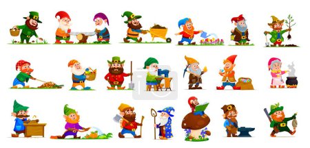 Illustration for Cartoon gnome or dwarf characters. Cute elves personages with vector garden flowers, mushroom, wheelbarrow and lantern. Fairytale gnome miner, farmer and blacksmith, dwarf wizard, hunter or lumberjack - Royalty Free Image