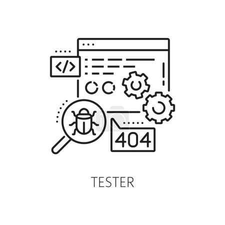 Illustration for Tester, IT specialist of software testing and analysis vector icon for digital engineering or development technology. Computer or web app software test specialist of UI UX usability or debugging test - Royalty Free Image