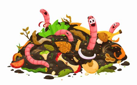 Kompostwurmfiguren im Boden, in der Landwirtschaft, auf dem Bauernhof. Vektorpersönlichkeiten niedlicher lustiger Regenwürmer in Haufen von Gartenschmutz, Lebensmittel- und Pflanzenabfällen, Apfelfruchtresten, Eierschalen und Gemüseschalen