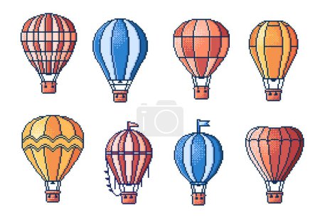 Illustration for 8 bit pixel hot air balloons, arcade game asset. Isolated vector set of aircraft transport in vintage pixelated style. Nostalgic videogame graphics, colorful retro airships or aerostats with baskets - Royalty Free Image