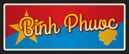 Téléchargez les illustrations : Province de Binh Phuoc au Vietnam, région vietnamienne. Plaque ou autocollant de voyage vectoriel, panneau d'étain vintage, carte postale de vacances rétro ou panneau de voyage, étiquette de bagage. Plaque avec carte et drapeau - en licence libre de droit
